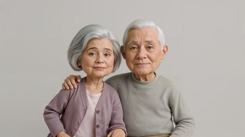 Happy senior old people couple enjoying companionship in minimalist setting