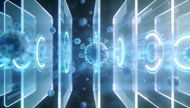 Floating 3d virus inside holographic diagnostic corridor with glowing hud panels