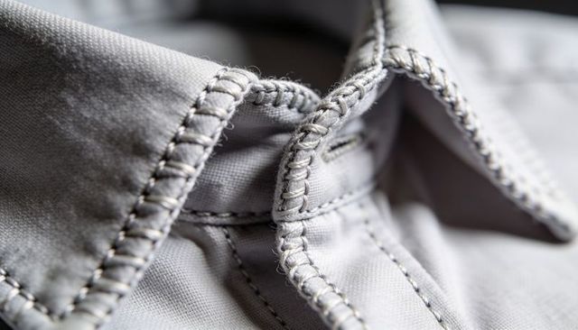 Highlighting beige twill shirt collar with visible topstitching and overlock seam