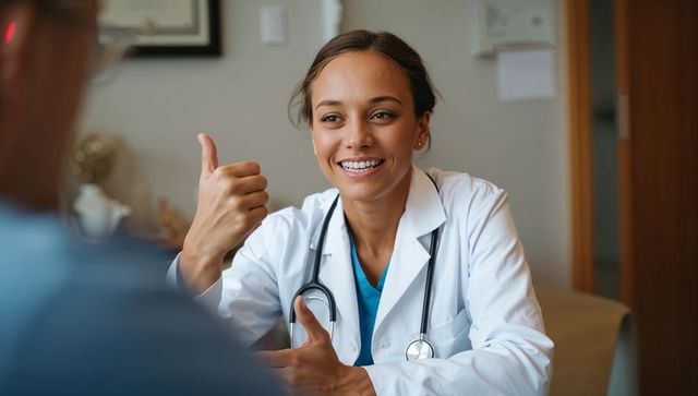 Smiling Female Doctor Giving Thumbs-Up During Friendly Medical Consultation in Clinic