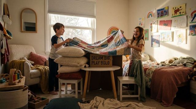 Siblings building cozy blanket fort in sunlit bedroom, laughing and playing together