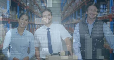 Warehouse team overlaid with global financial data visualization