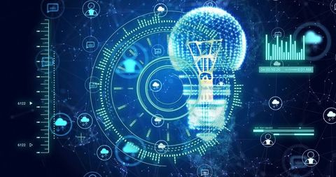 Futuristic lightbulb hologram with concentric hud, cloud icons and data analytics interface
