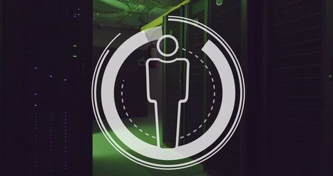 Hovering transparent user icon over server racks in green-lit data center for cybersecurity