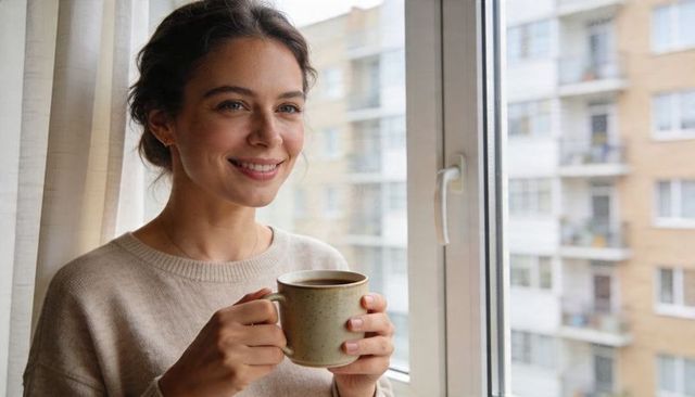 Young woman holding ceramic mug by window, enjoying morning coffee in cozy sweater