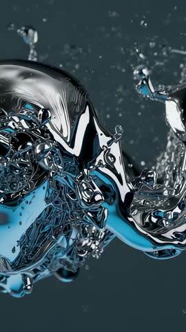 Unfurling Liquid Chrome Reacting to Motion with Blue Droplets Abstract Vertical Video