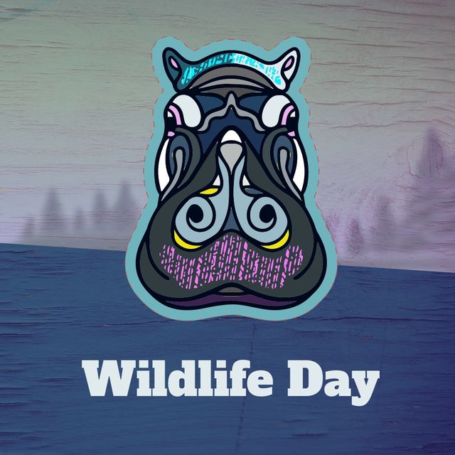 Vector image of hippopotamus's head with wildlife day text, copy space. Illustration, celebration, raise awareness, wild fauna and flora, protection and conservation.