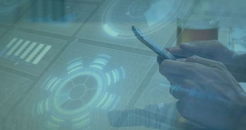 Futuristic technology concept overlay multiple screens and smartphone