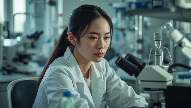 Examining slide: scientist working with compound microscope in modern research lab