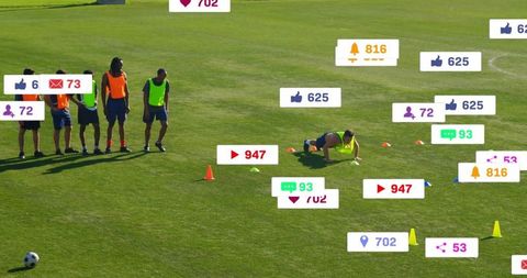 Athlete crawling in soccer drill with social media interaction overlay