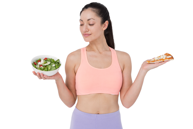 Healthy choice concept with woman holding salad and pizza showing options - Download Free Stock Videos Pikwizard.com