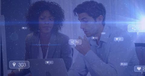 Colleagues Analyzing Social Media Engagement with Metrics Overlays