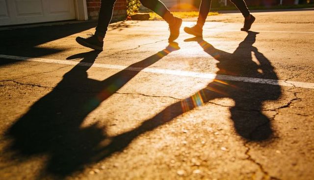 Walking silhouettes in jeans and sneakers casting long shadows on sunlit cracked asphalt