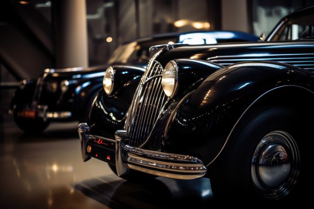 Vintage cars showcased in a dimly lit museum. Classic automotive design and engineering are celebrated in such exhibits.