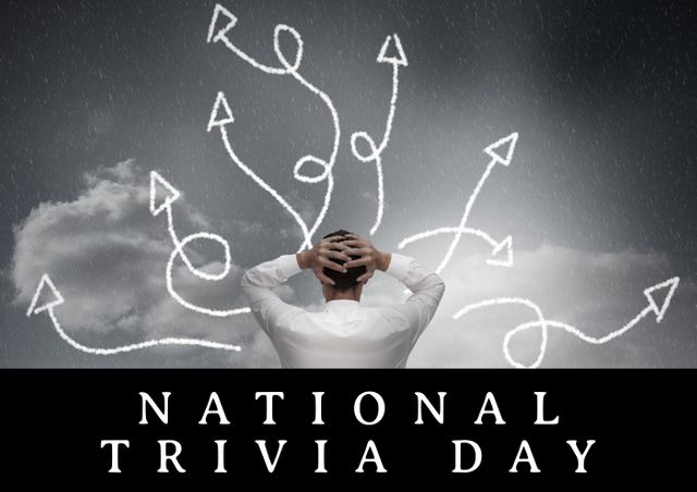 Composition of national trivia day text with arrow symbols over man against sky, copy space. information, fact and knowledge concept.