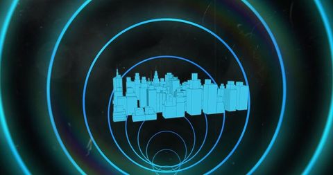 Futuristic Digital City with Blue Concentric Circles Background