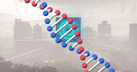 Futuristic Digital DNA Strand Over Cityscape