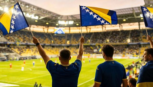 Bosnia and herzegovina supporters waving flags in stadium at dusk