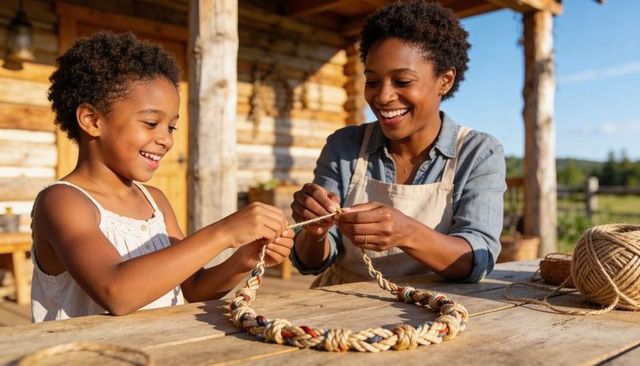 Mother and daughter braiding twine wreath on rustic sunlit porch — family craft bonding