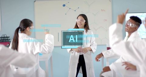 Female teacher leading ai-powered stem lab while students collaborating in safety goggles