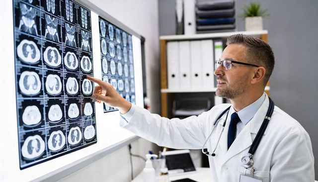 Radiologist pointing at chest ct scans on lightbox reviewing diagnostic results and planning care