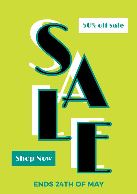 Bold SALE text on vibrant green background promoting 50% off with a clear call to action. Great for advertisements, social media posts, banners, and retail marketing to attract customers and drive sales.