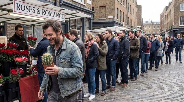 Man holding potted cactus walking past flower stall with long queue on cobblestone street
