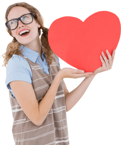 Cheerful Woman Holding Transparent Red Heart Celebrating Love