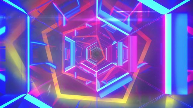 This visually exciting scene can be used for video game backgrounds, sci-fi projects, technology presentations, or modern theme parties. The dynamic motion of the hexagons and neon lights creates a futuristic and engaging atmosphere that can enhance high-tech, digital content.