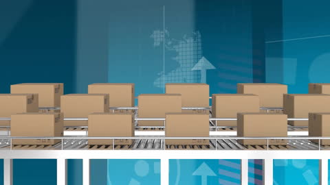 Cardboard Boxes Moving on Conveyor Belt with Upward Graph Background