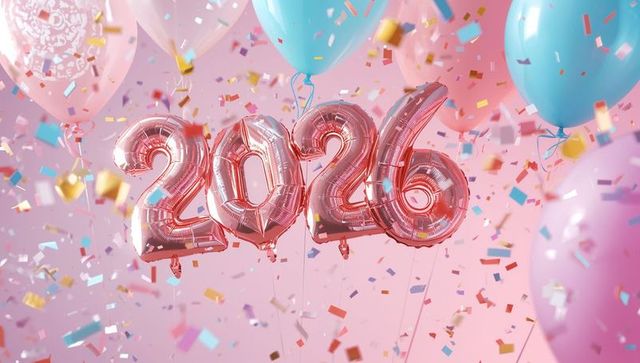 Floating rose-gold 2026 balloons with falling pastel confetti for new year celebration