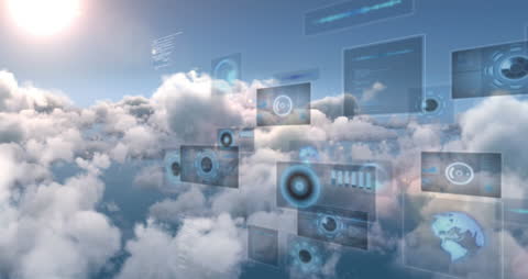 Digital Data Visualization over Scenic Clouds and Blue Sky