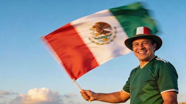 Smiling fan waving mexican flag at sunset in tricolor hat and green jersey cheering
