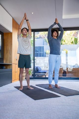 Two Men Practicing Yoga in Modern Living Room for Relaxation and Mindfulness