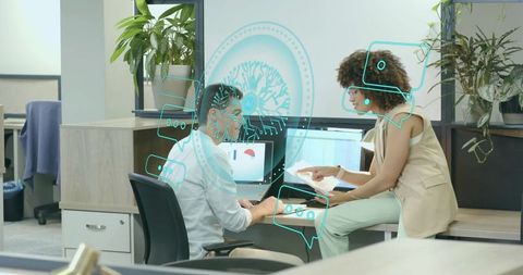 Futuristic Data Analysis in Modern Office with Holographic Interface