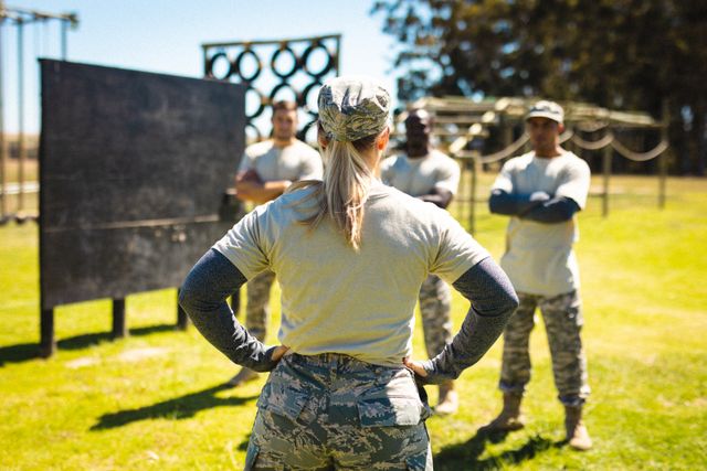 Female army instructor guiding a group of multiracial soldiers during bootcamp training. They are standing outdoors in a grassy area with obstacle course equipment visible in the background. This image can be used for articles or advertisements related to military training, leadership, teamwork, physical fitness, and discipline.