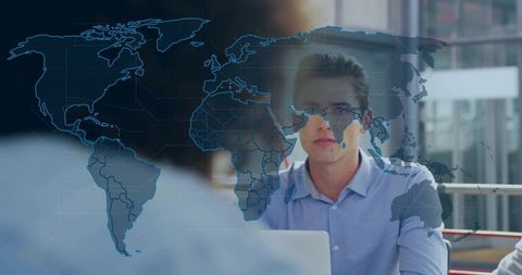 Corporate professional leading international meeting with world map overlay