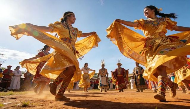 Women spinning in golden embroidered dresses during outdoor festival dance celebration