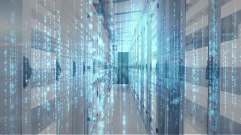 Digital Matrix Overlay on Server Room Depicting Data Flow
