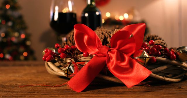 Red ribbon on rustic table with centerpiece of pine cones and berries. Background shows blurred wine glasses and warm lights, evoking a festive and cozy holiday atmosphere. Ideal for advertisements, social media posts, and greeting cards related to Christmas and holiday celebrations.