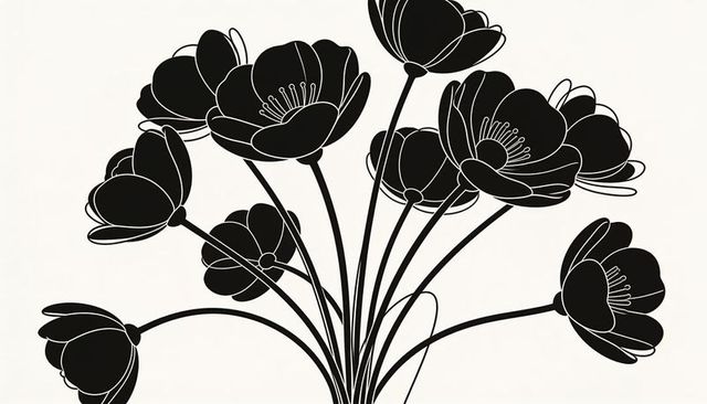 Minimalist black floral silhouette bouquet off-white background elegant linework graphic