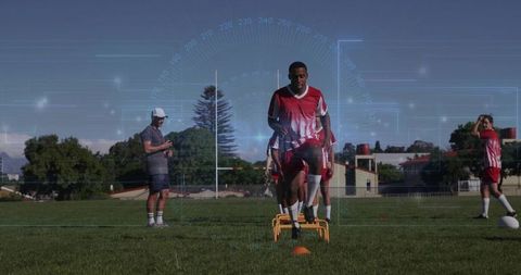 Teen Soccer Player Jumping Hurdles on Sports Field with Digital Graphics