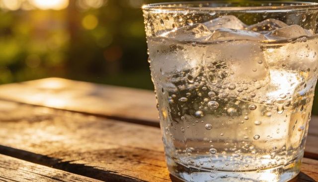 Sunlit sparkling water with ice on wooden table, condensation drops and bubbles, summer refreshment