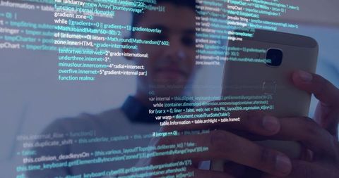 Male Programmer Examining Smartphone with JavaScript Code Overlay Neon Cyan Teal Reflection