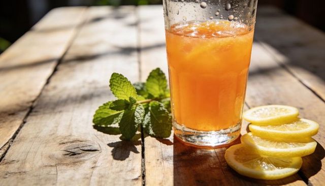 Sweating glass of pulpy orange juice with lemon slices and mint on sunlit wood