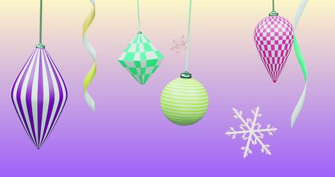 Festive Christmas Ornaments with Geometric Patterns on Purple Background