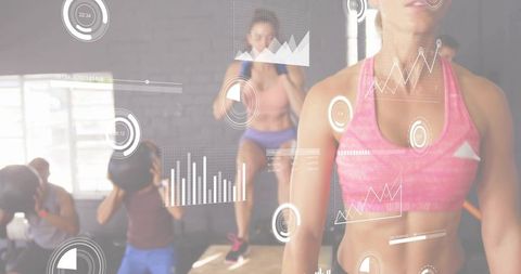 Female fitness coach leading dynamic group training with futuristic hud performance data