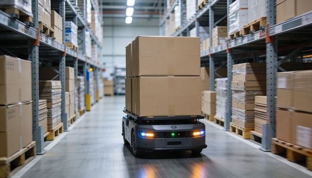 Autonomous agv transporting stacked cardboard boxes down warehouse aisle with leds