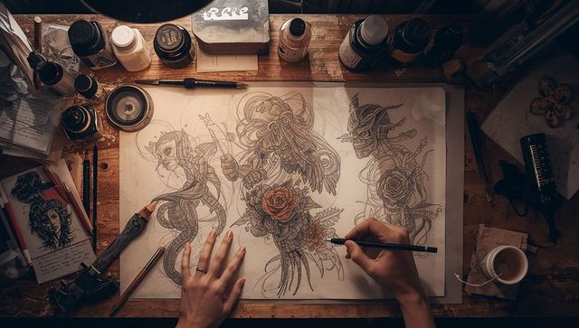 Artist drafting detailed ink illustrations at creative workspace