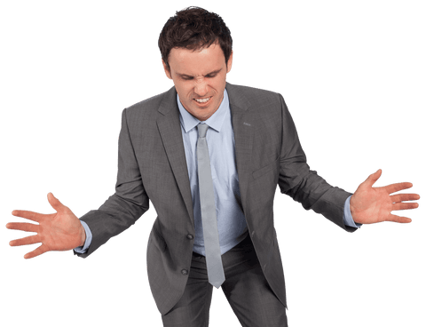 Frustrated businessman in suit expressing emotion on transparent background